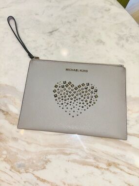 Michael Kors Light Gray Wristlet with Silver Heart Studs